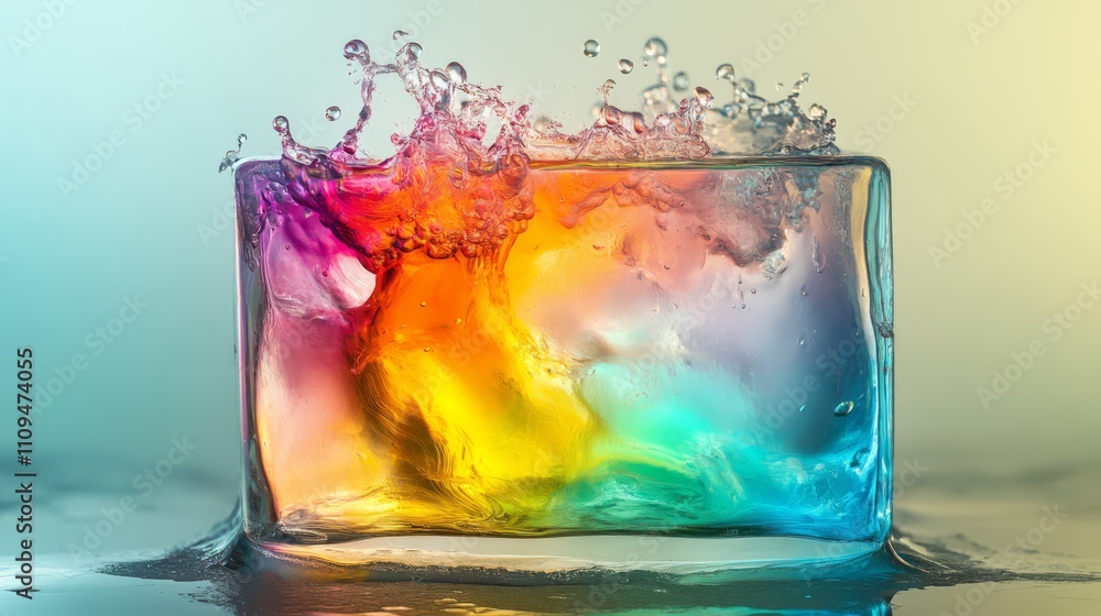 Colorful liquid splashing in a glass cube. Colorful liquid splashing in a glass cube.