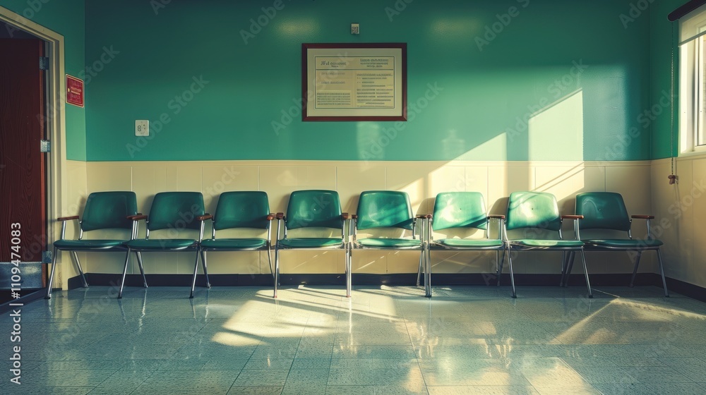 Empty teal chairs in a sunlit waiting room. Empty teal chairs in a sunlit waiting room.