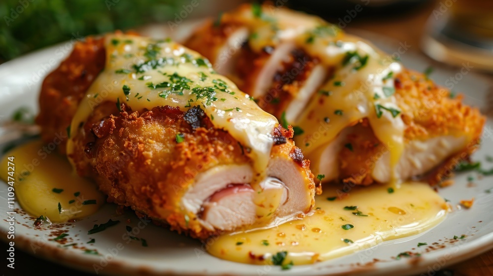 Crispy breaded chicken cordon bleu with creamy cheese sauce.