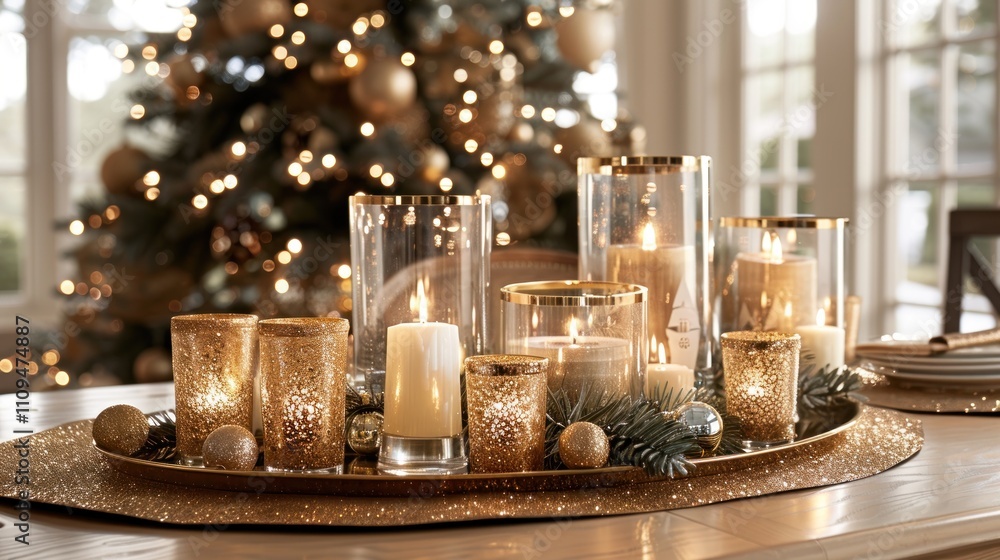Festive gold candle arrangement on a tray with Christmas tree backdrop. Festive gold candle arrangement on a tray with Christmas tree backdrop.