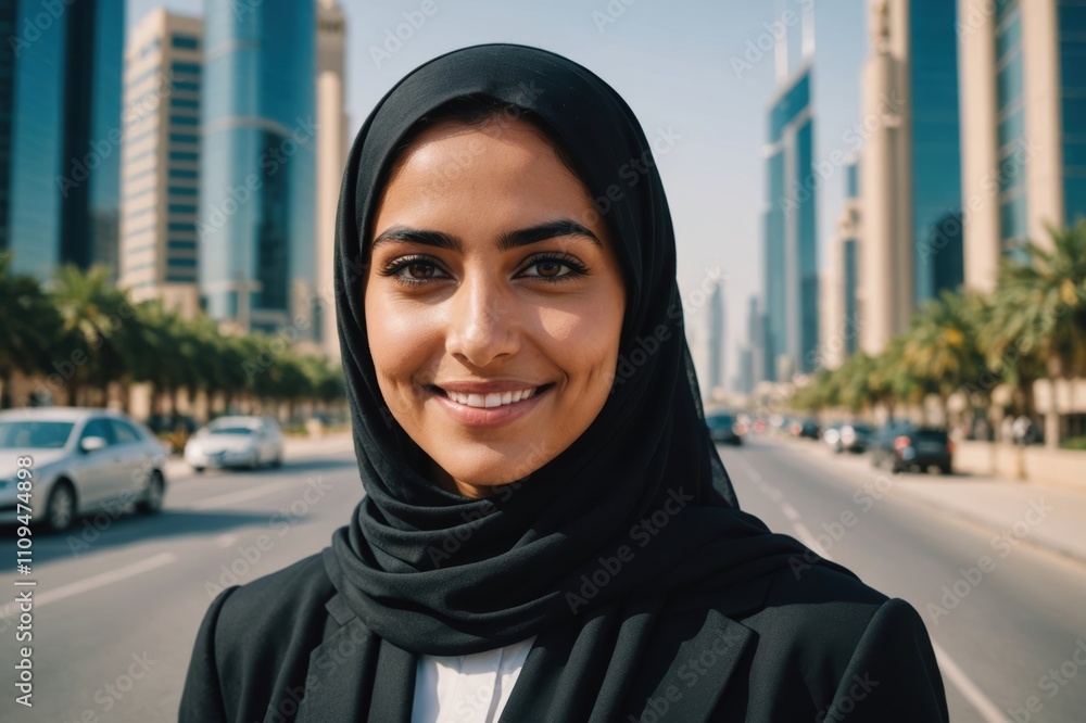 Close portrait of a smiling young Emirati businesswoman looking at the camera, Emirati big city outdoors blurred background Close portrait of a smiling young Emirati businesswoman looking at the camera, Emirati big city outdoors blurred background