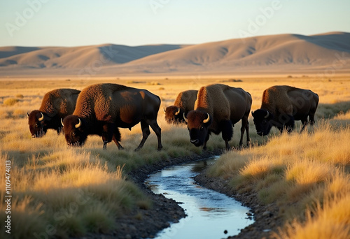 Wallpaper Mural A herd of American bison grazes peacefully in a serene desert landscape at sunset. Torontodigital.ca