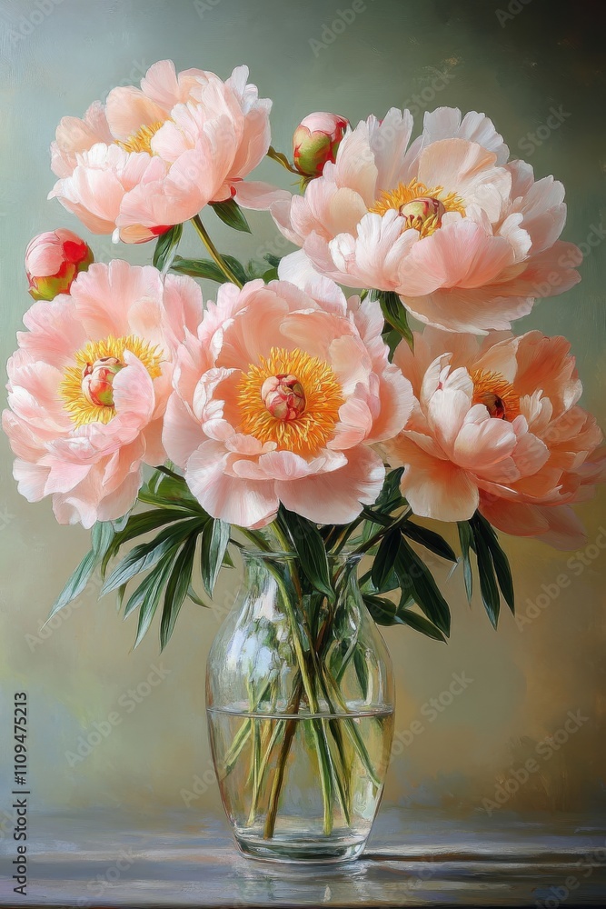 Obraz premium Beautiful Pink Peony Flowers in a Glass Vase on a Soft Green Background, Captivating Floral Arrangement for Home Decor or Art Projects