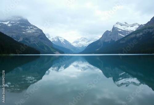 Wallpaper Mural Serene mountain lake reflecting snow capped peaks under a cloudy sky. Torontodigital.ca