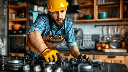 Close up of a technician repairing a gas stove in a kitchen appliance maintenance setting
