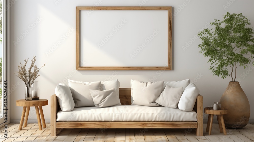 Cozy Scandinavian living room with a white sofa, patterned pillows, and rustic wooden furniture. Mock-up frame completes the minimal design. Cozy Scandinavian living room with a white sofa, patterned pillows, and rustic wooden furniture. Mock-up frame completes the minimal design.