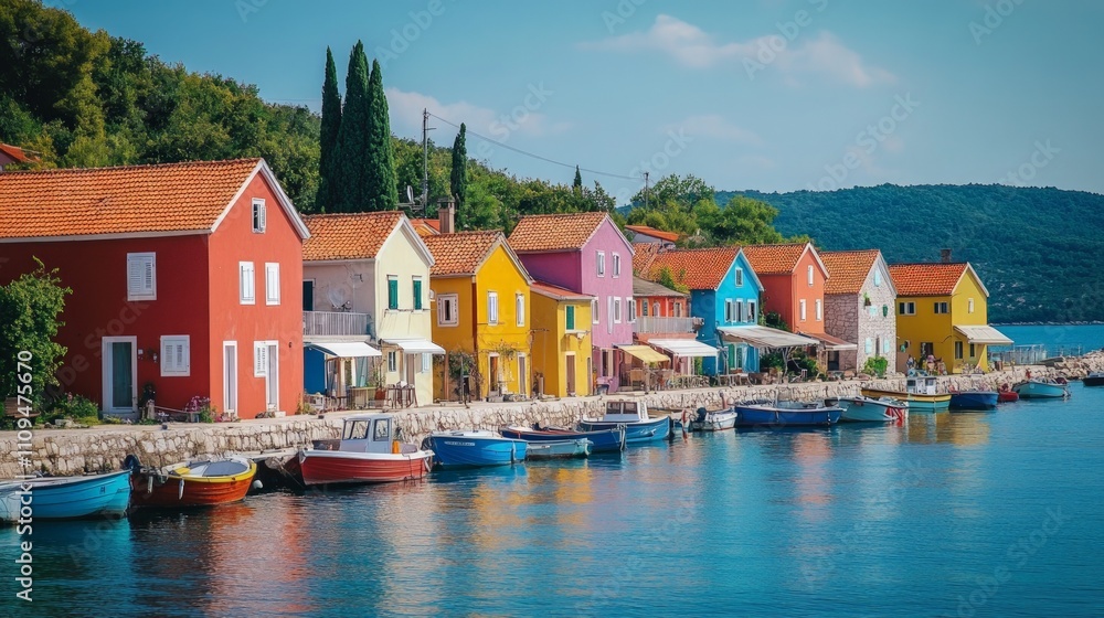 Charming coastal village with vibrant houses, serene boats gently bobbing in the harbor, inviting atmosphere, picturesque seaside setting, perfect for travel and lifestyle themes