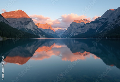 Sunrise paints mountain peaks and reflections in serene lake.