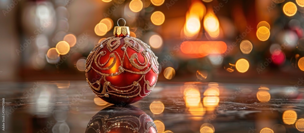 Red Christmas ornament with gold design on a reflective surface, blurred fireplace and lights in background. Red Christmas ornament with gold design on a reflective surface, blurred fireplace and lights in background.