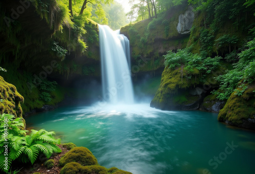 Tranquil waterfall flowing into teal pool with lush surroundings.