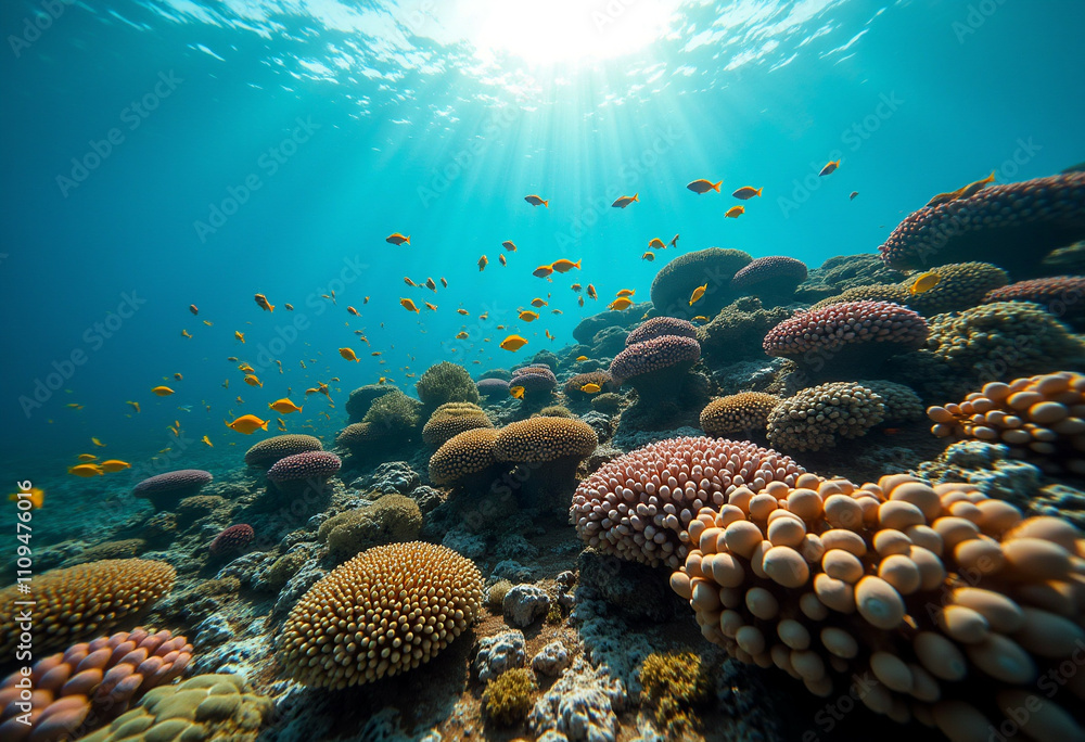 Naklejka premium Diverse coral formations with yellow fish in clear blue water.
