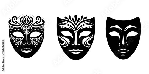 Theater Mask, set of theatre mask vector illustration black and white silhouette graphic design template, Masks vector icon illustration sign, Theater masks in black and white, Theatre Comdey 