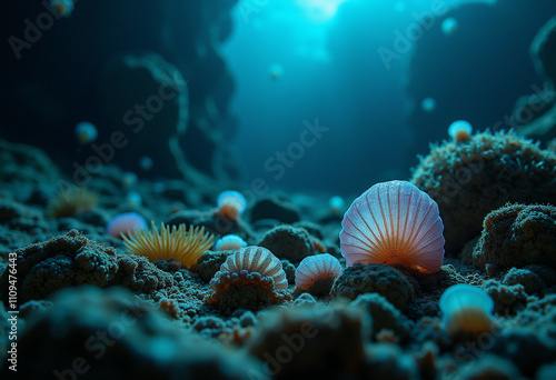 Diverse marine life thriving on ocean floor. photo