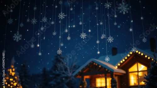 Wallpaper Mural A Festive Winter Scene With A Cozy Cabin And Snowflakes Falling Against A Deep Blue Sky Torontodigital.ca