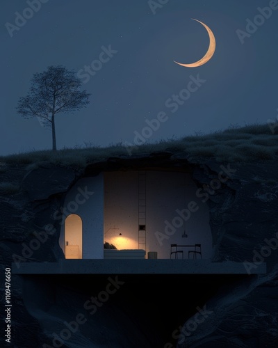 3d rendered nighttime cross section of a modern home showcasing interior design elements photo