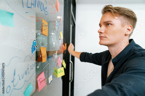 Foto Closeup image of professional caucasian businessman presenting business marketing idea with confident by using mind map and colorful sticky note