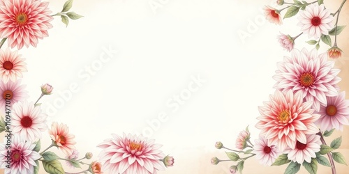 A delicate floral border of watercolor painted pink and orange blossoms on a cream-colored background