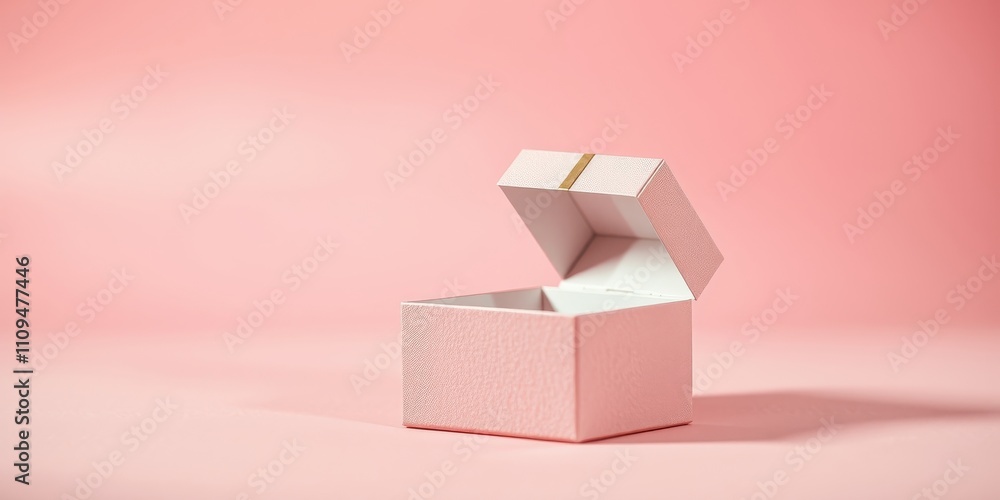 Fototapeta premium Pink gift box with golden ribbon, open and waiting for a surprise on a pastel background.