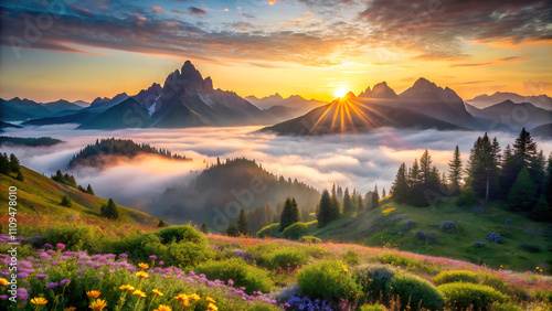 A breathtaking sunrise over a mountain range, with a blanket of fog covering the valley below. The golden light illuminates the clouds and creates a sense of peace and tranquility. photo