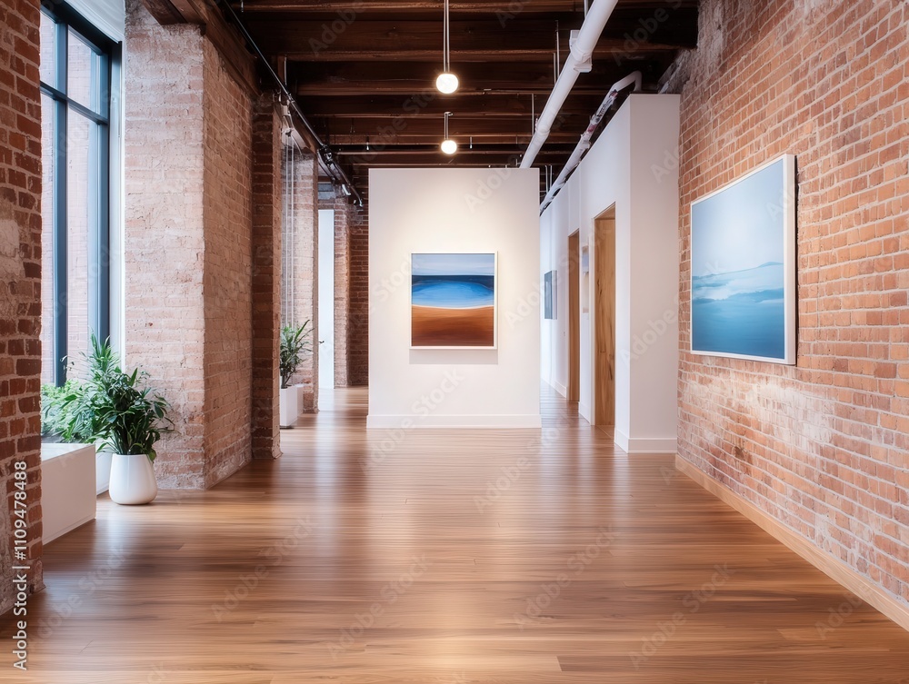 Fototapeta premium Modern art gallery interior showcasing contemporary artwork with natural light and exposed brick walls creating an inviting atmosphere for visitors