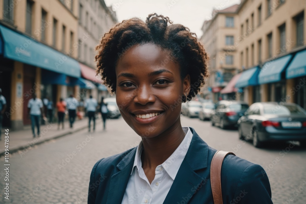 Close portrait of a smiling young Guinean businesswoman looking at the camera, Guinean big city outdoors blurred background Close portrait of a smiling young Guinean businesswoman looking at the camera, Guinean big city outdoors blurred background
