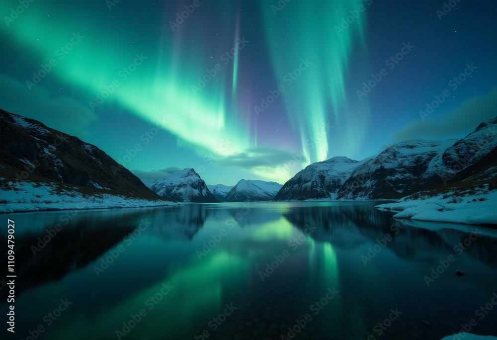 Stunning aurora borealis display over serene snow capped mountains reflected in a calm lake. Stunning aurora borealis display over serene snow capped mountains reflected in a calm lake.
