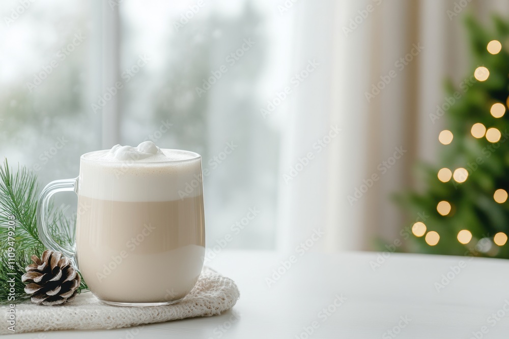 festive coffee scene, vanilla latte in glass cup on kitchen table in bright scandi kitchen with big window, festive decor background, space for text festive coffee scene, vanilla latte in glass cup on kitchen table in bright scandi kitchen with big window, festive decor background, space for text