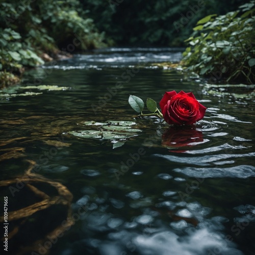 A single red rose floating on a crystal-clear stream surrounded by lush greenery.


