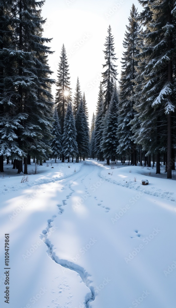 Naklejka premium Snowy forest trail with lone footprints and tall pines
