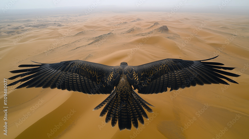 Naklejka premium Aerial view of falcon gliding over vast desert landscape.