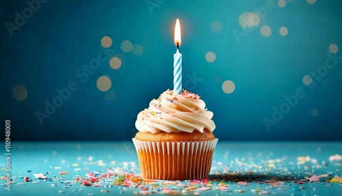 birthday cupcake with one candle and a blue theme photo