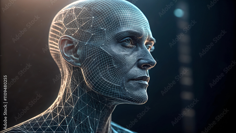 Futuristic human figure with a geometric wireframe design and a contemplative expression in a dark setting Futuristic human figure with a geometric wireframe design and a contemplative expression in a dark setting