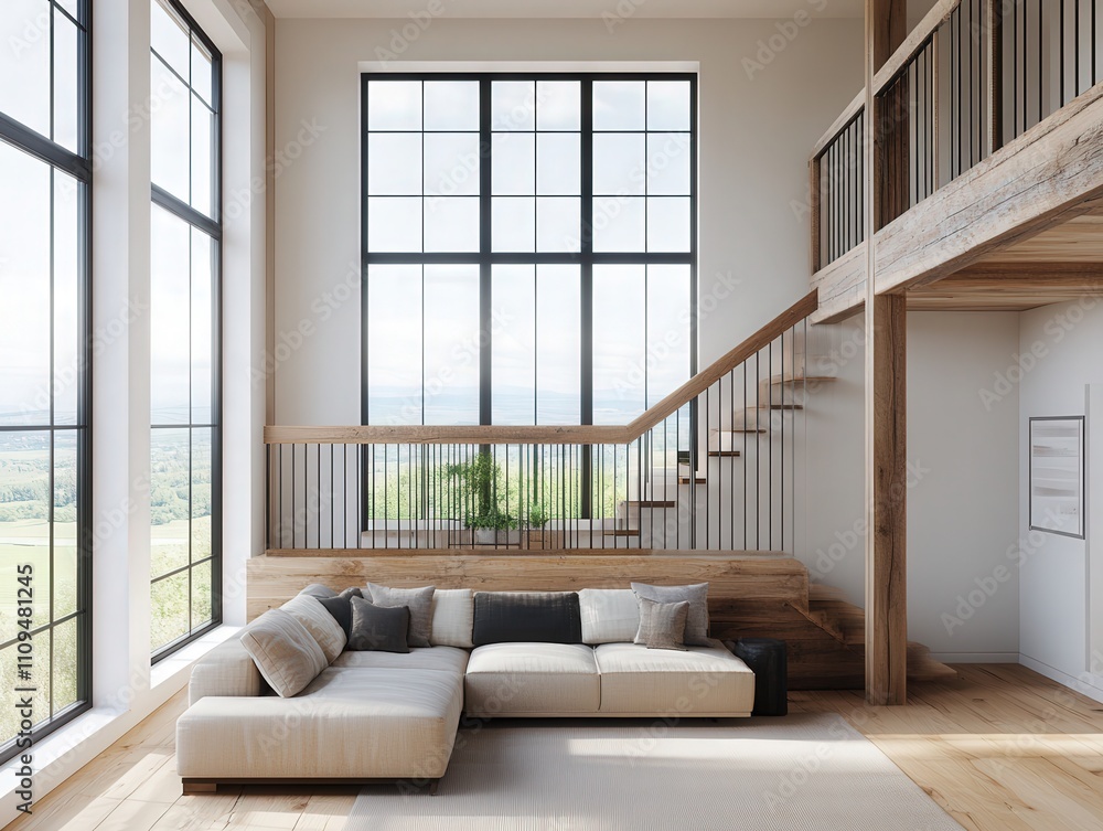 Fototapeta premium Modern and Spacious Living Room with Large Windows and Natural Light Highlighting Minimalist Design and Elegant Interior Decor Features