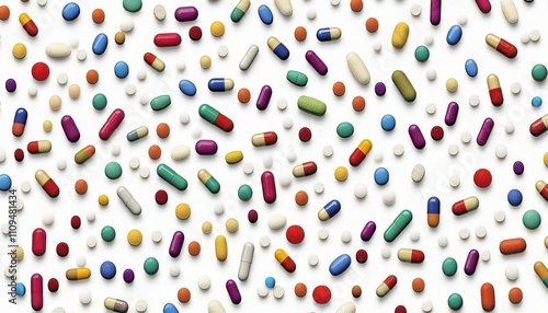 Colorful Arrangement of Various Pills and Capsules Spread on a White Background, Representing Healthcare, Medicine, and Pharmaceutical Industry Concepts
