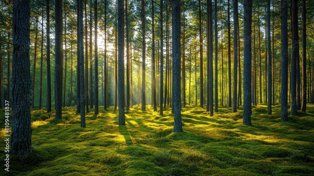 Obraz premium A tranquil forest scene with tall trees, sunlight filtering through the canopy, and lush green moss covering the ground.
