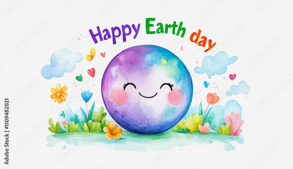 Naklejka premium Celebrate Earth Day with joyful watercolor illustration of planet and flowers. Generative AI
