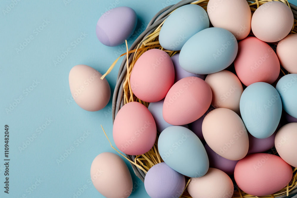 Easter Basket with Pastel-colored Eggs Easter Basket with Pastel-colored Eggs