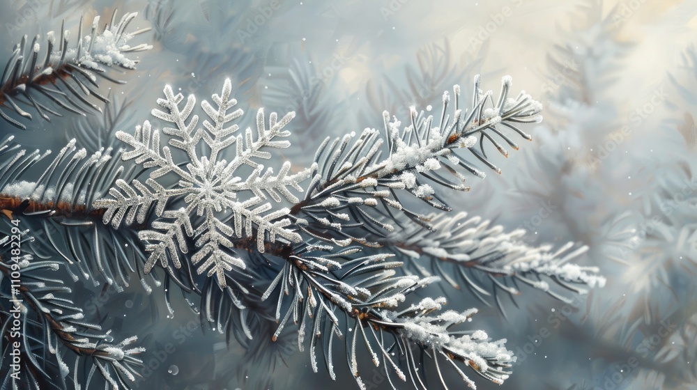 Close-up of a snow-covered pine branch with a large snowflake. Close-up of a snow-covered pine branch with a large snowflake.