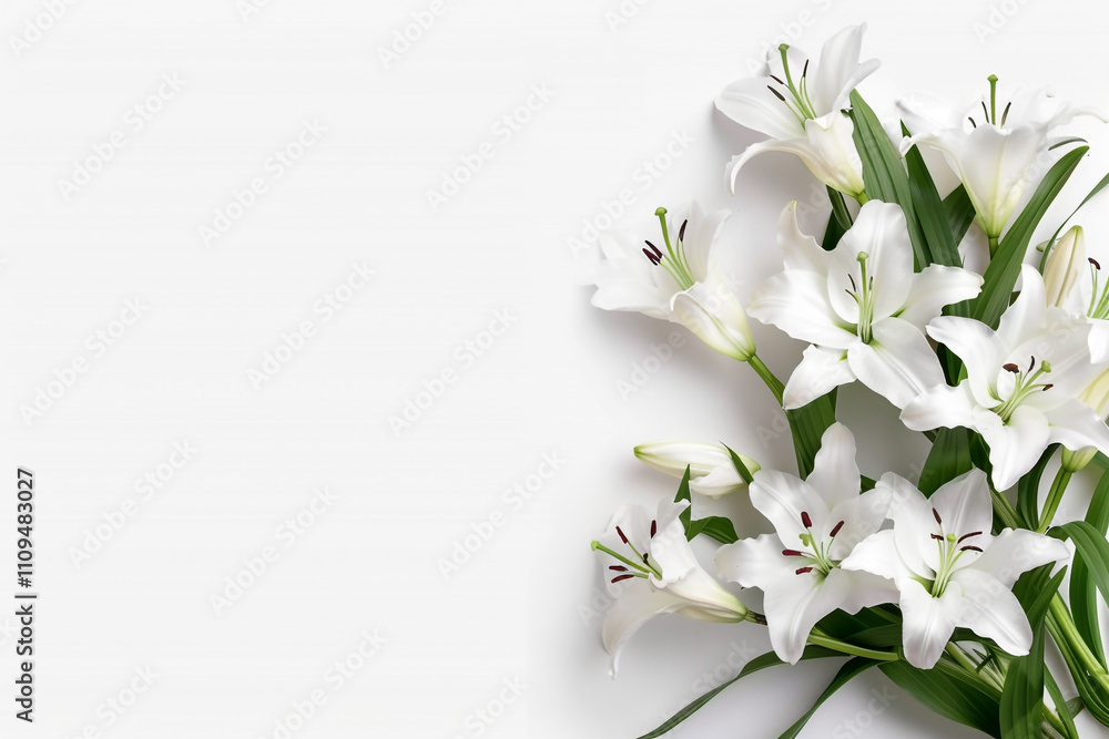 A Cross Decorated with Lilies and Ribbons, Elegant White Background A Cross Decorated with Lilies and Ribbons, Elegant White Background