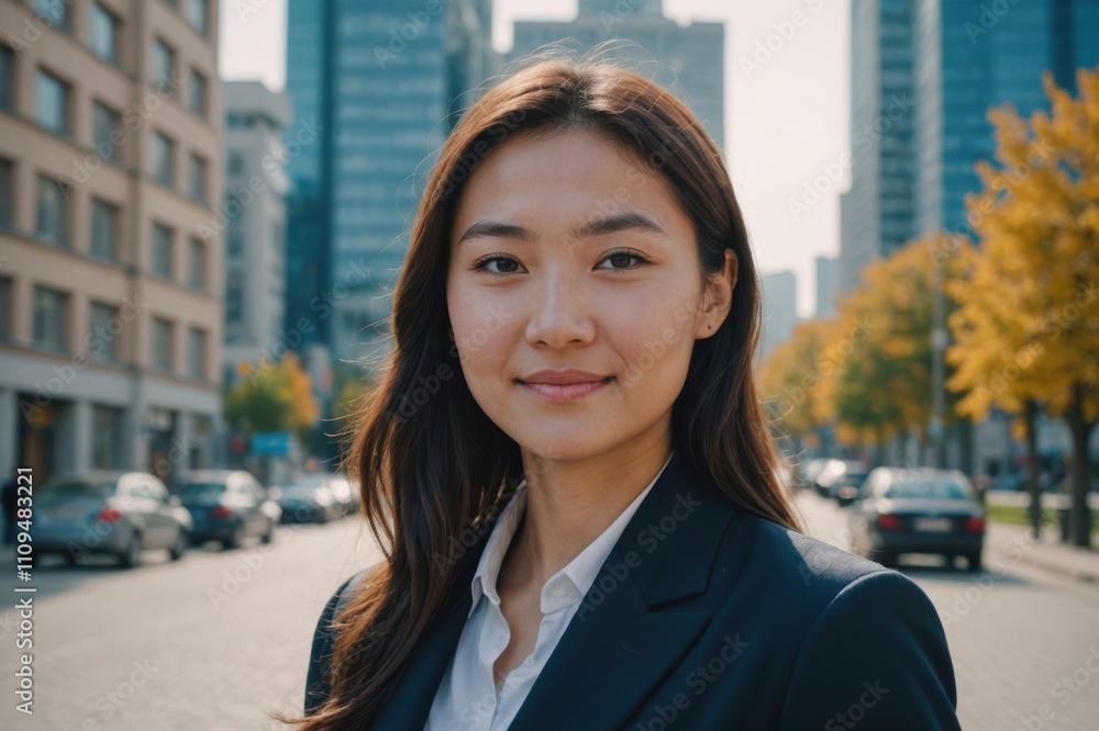 Close portrait of a smiling young Kazakh businesswoman looking at the camera, Kazakh big city outdoors blurred background Close portrait of a smiling young Kazakh businesswoman looking at the camera, Kazakh big city outdoors blurred background
