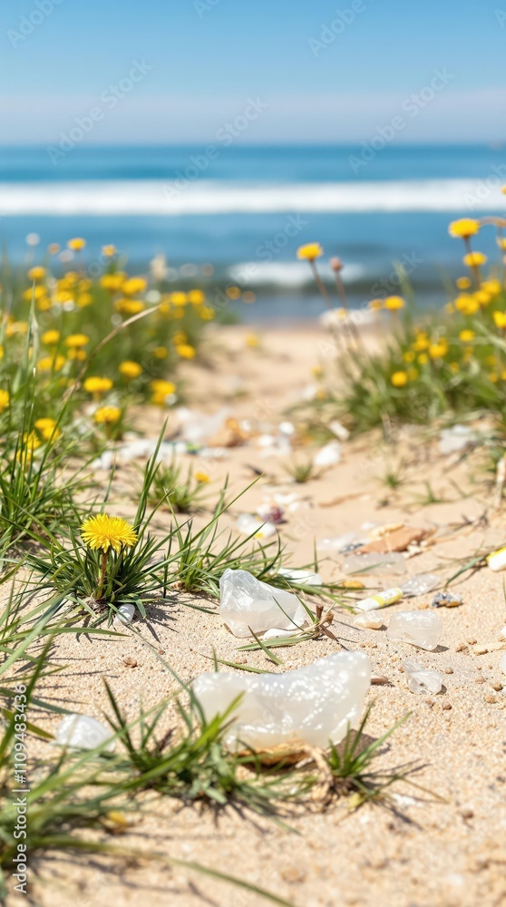 Obraz premium Beach Path with plastic rubbish Leading to the Ocean
