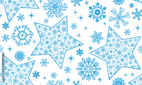 Vector seamless Christmas hand drown pattern with blue monochrome snowflakes and stars on a transparent background