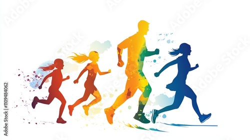 Family marathon featuring a father, mother, and two children running together in a dynamic and energetic design full of color and joy