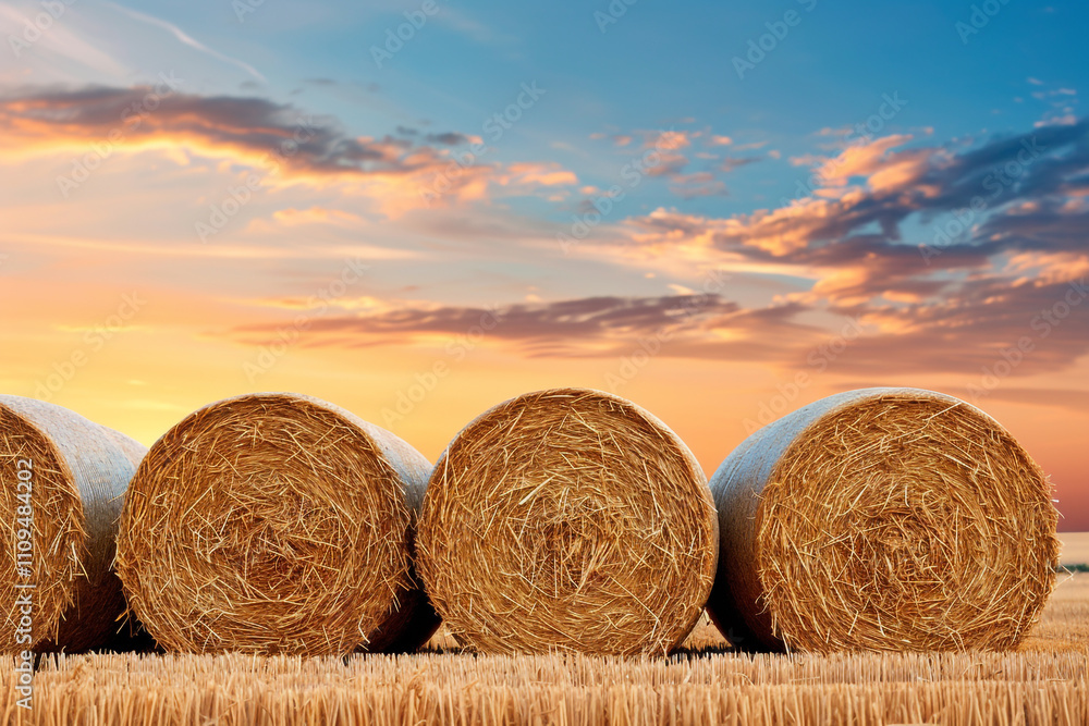 Tranquil Harvest Field with Hay Bales at Golden Sunset Tranquil Harvest Field with Hay Bales at Golden Sunset