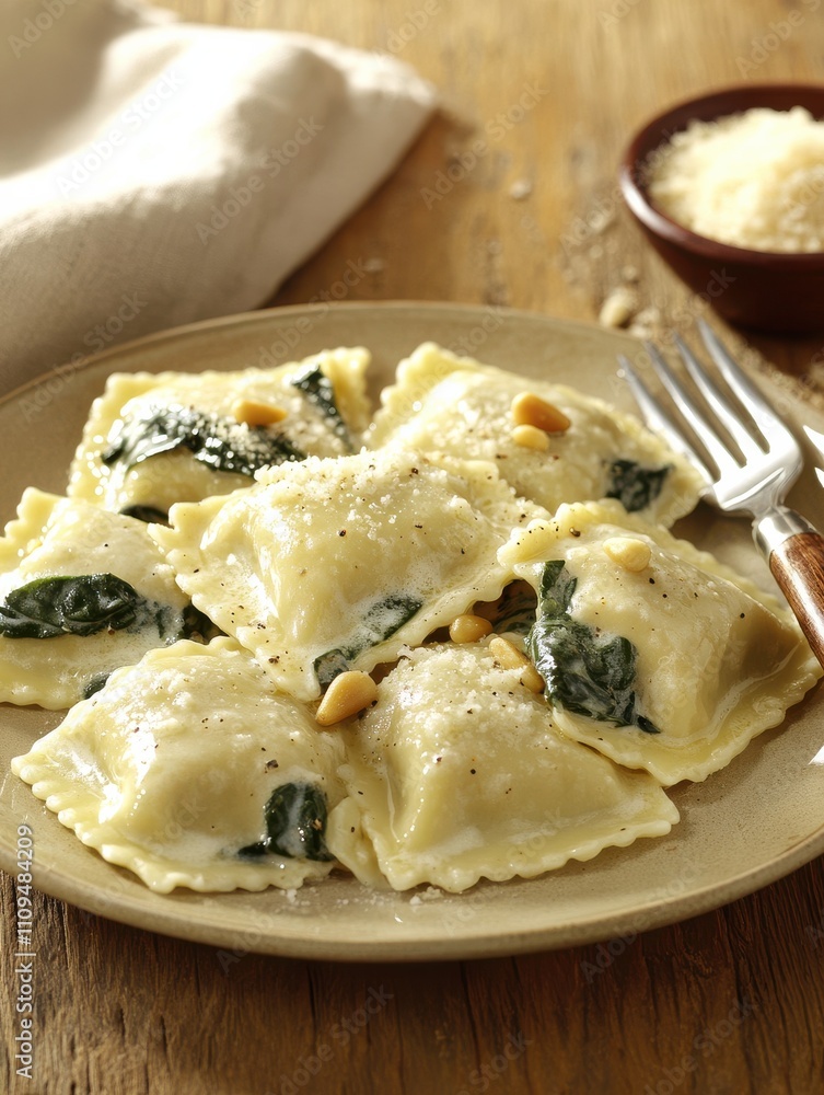 Savoring homemade ravioli stuffed with ricotta and spinach in a cozy kitchen setting for authentic italian cuisine experience Savoring homemade ravioli stuffed with ricotta and spinach in a cozy kitchen setting for authentic italian cuisine experience