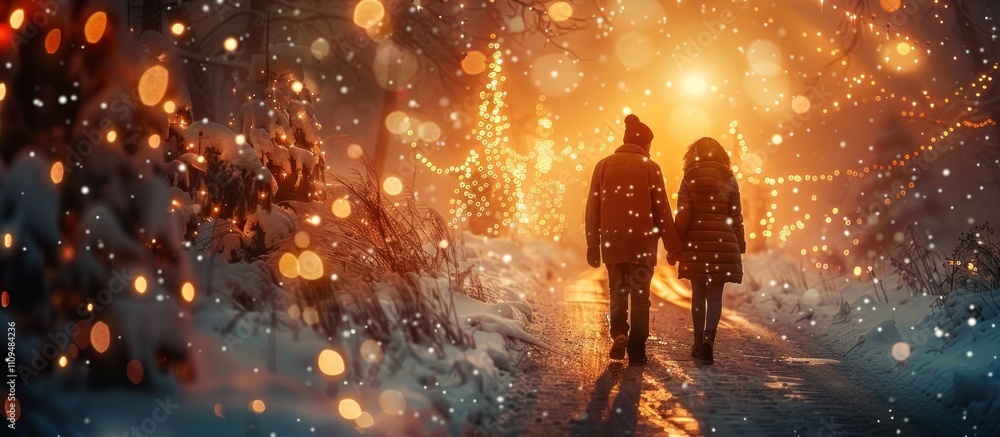 Couple walking hand-in-hand through a snow-covered path illuminated by Christmas lights. Couple walking hand-in-hand through a snow-covered path illuminated by Christmas lights.