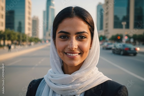 Close portrait of a smiling young Kuwaiti businesswoman looking at the camera, Kuwaiti big city outdoors blurred background