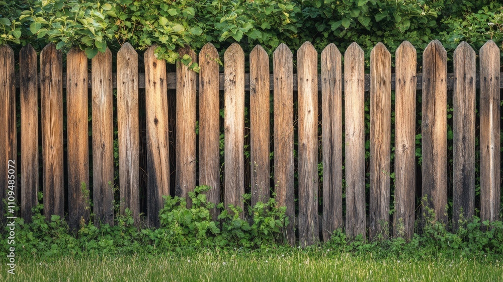 Fototapeta premium Rustic Wooden Fence Embracing a Lush Garden, showcasing the harmony of natural materials with vibrant plant life in an inviting outdoor space