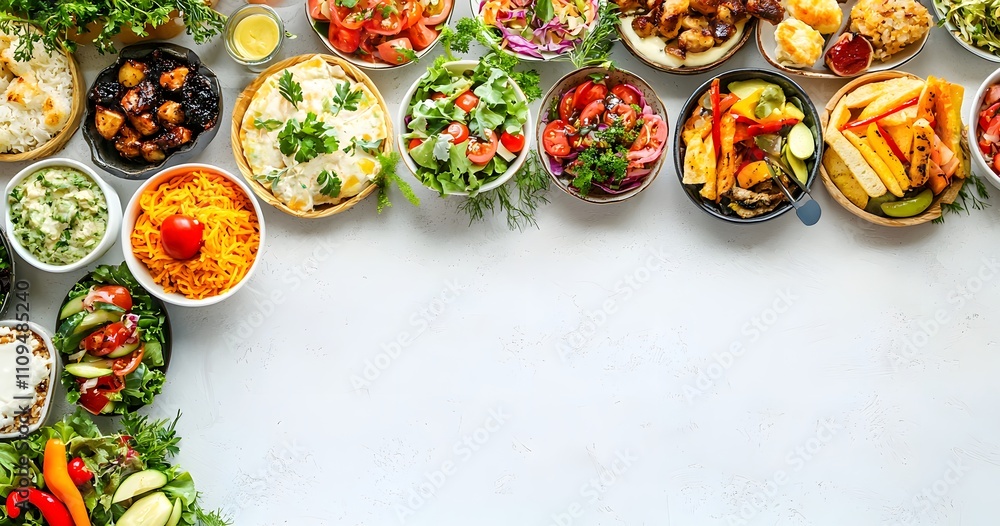 A beautifully arranged catering display with colorful meals and space for text about the event. A beautifully arranged catering display with colorful meals and space for text about the event.