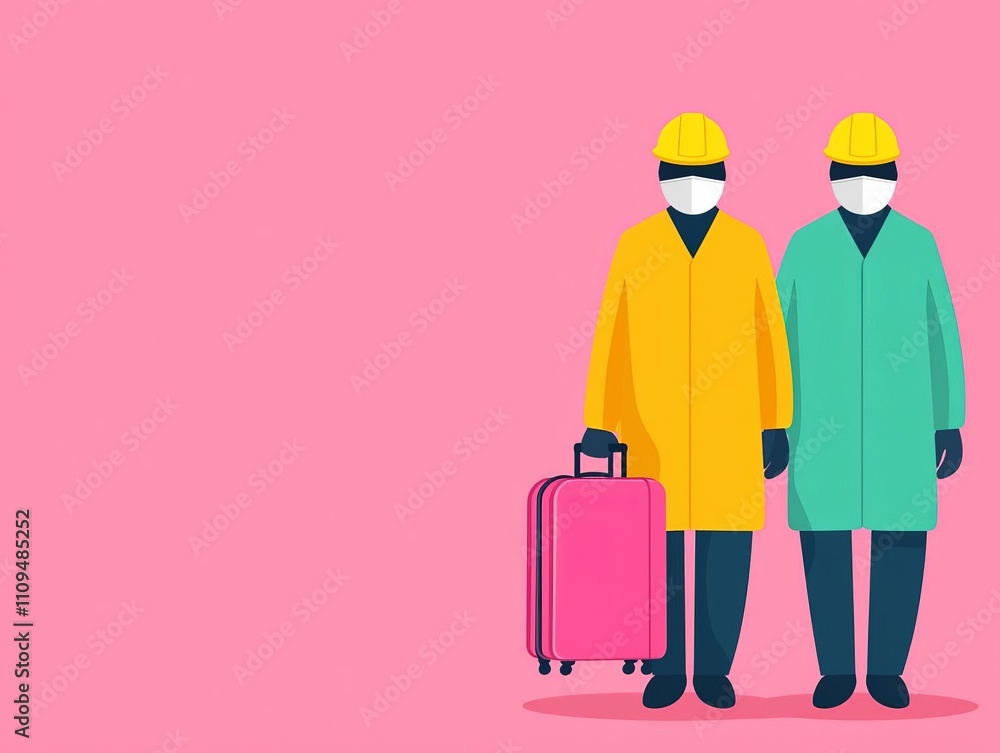 Two professionals in safety gear stand with a suitcase against a pink background. Two professionals in safety gear stand with a suitcase against a pink background.